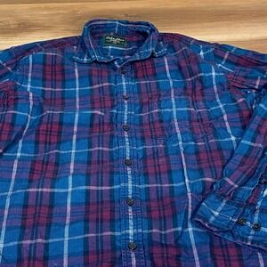 Color Plus Corduroy Shirt Mens Large Plaid Blue Burgundy Cotton Casual
